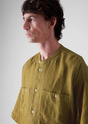 Garment Dyed Linen Grandad Collar Shirt | Durian Green