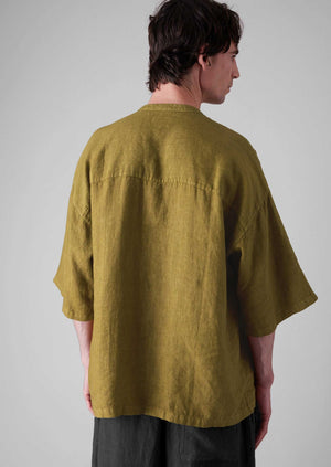 Garment Dyed Linen Grandad Collar Shirt | Durian Green
