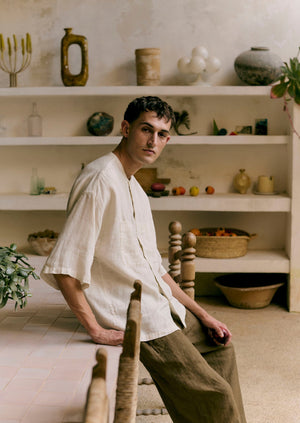 Garment Dyed Linen Grandad Collar Shirt | Oat