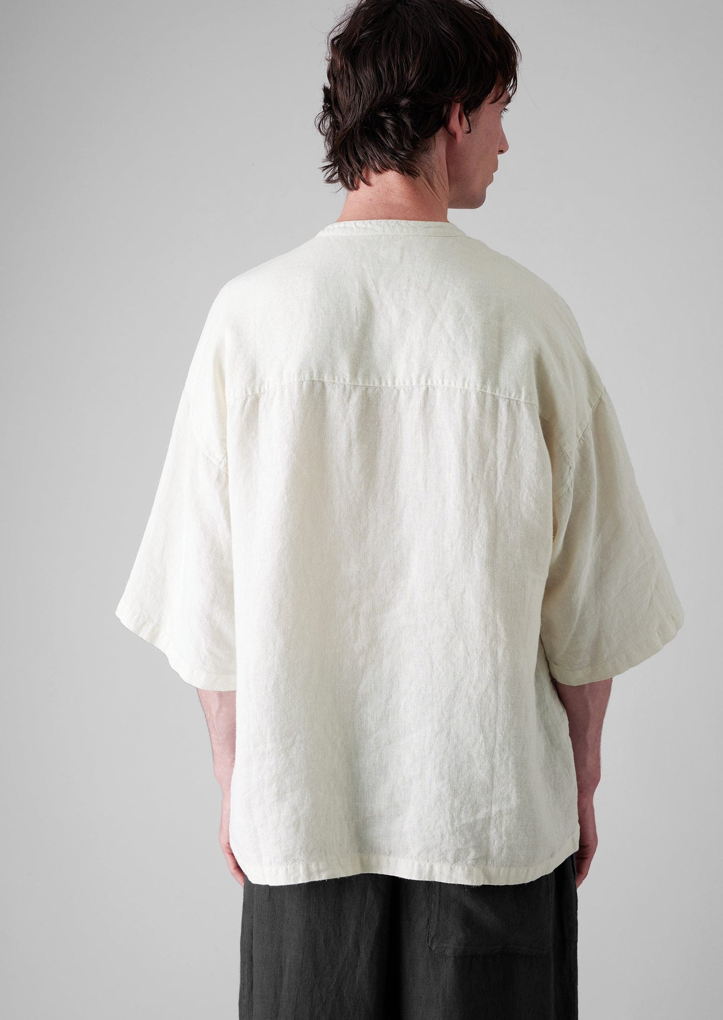 Garment Dyed Linen Grandad Collar Shirt | Oat
