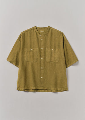 Garment Dyed Linen Grandad Collar Shirt | Durian Green