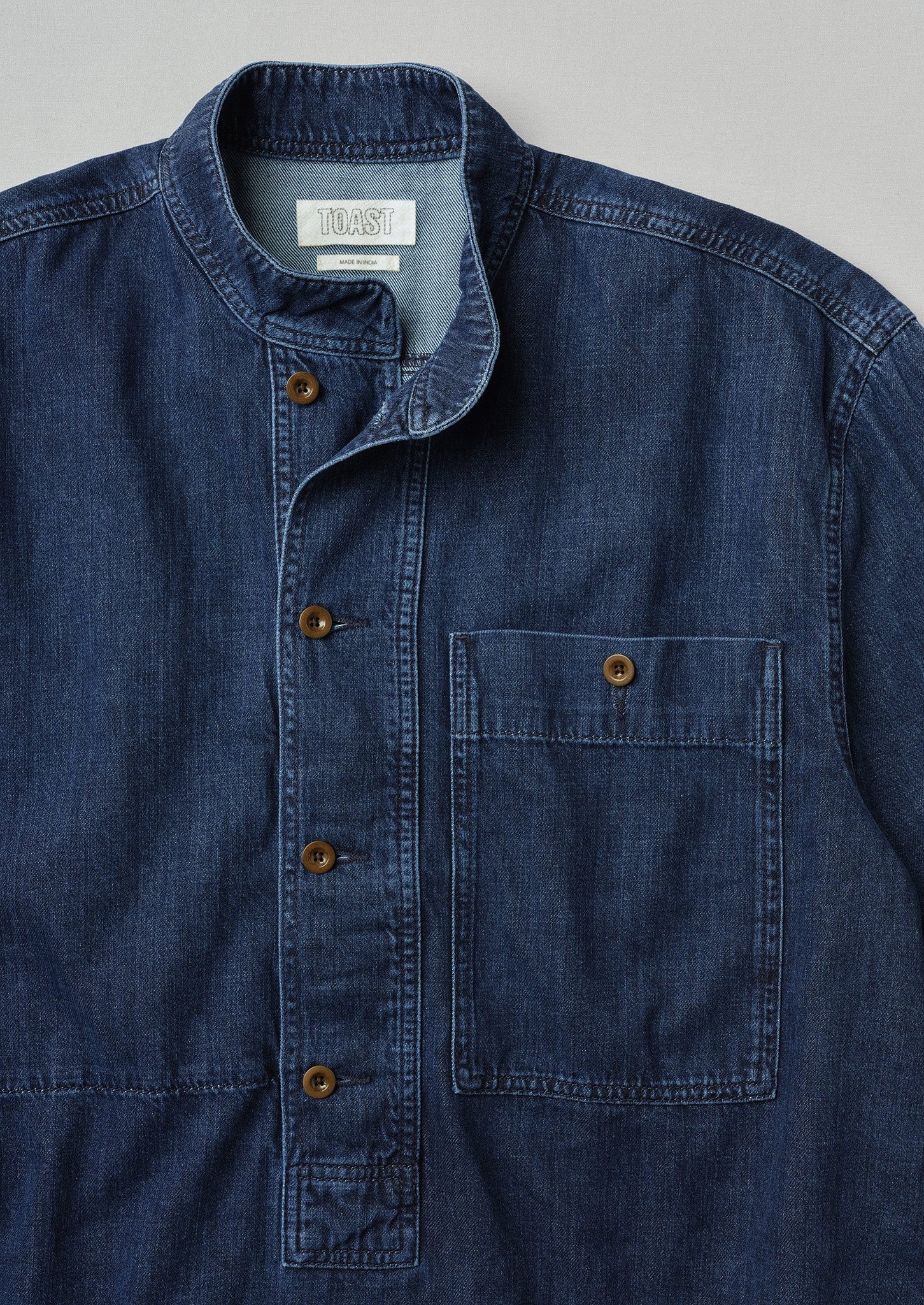 Grandad Collar Half Placket Denim Shirt | Indigo