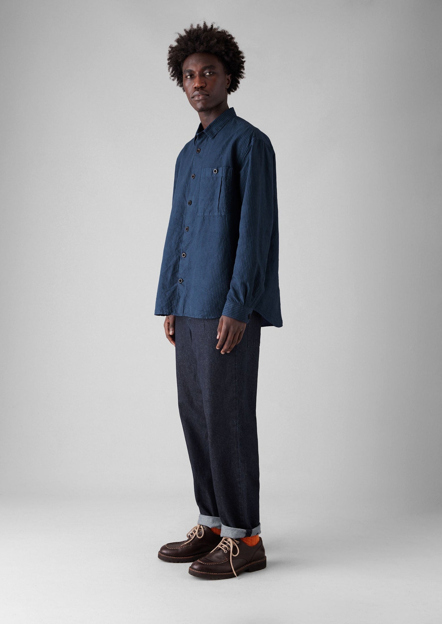 Garment Dyed Stripe Workwear Shirt | Engineer Blue