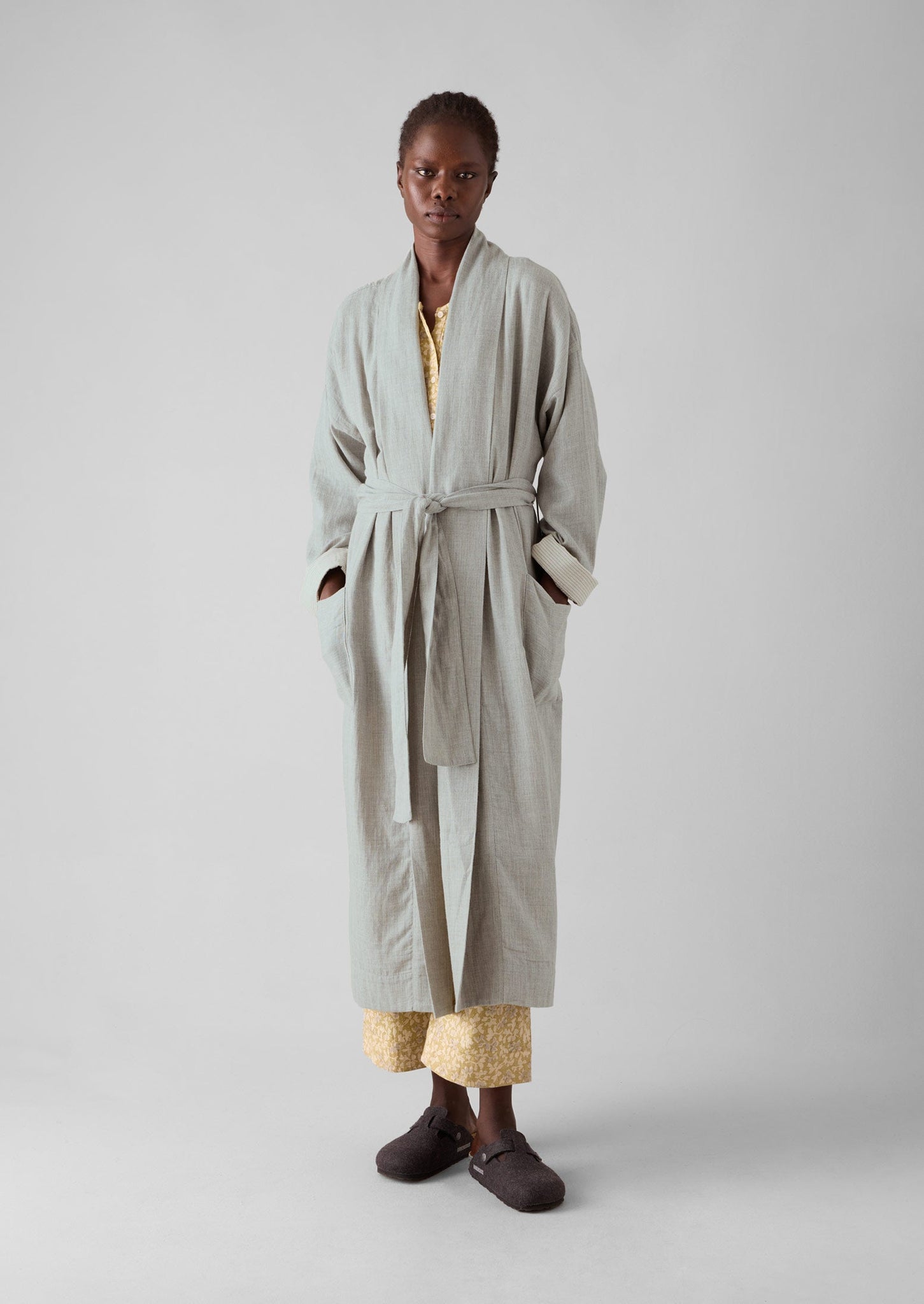 Soft Double Faced Cotton Gown | Grey Melange/Soft Clay