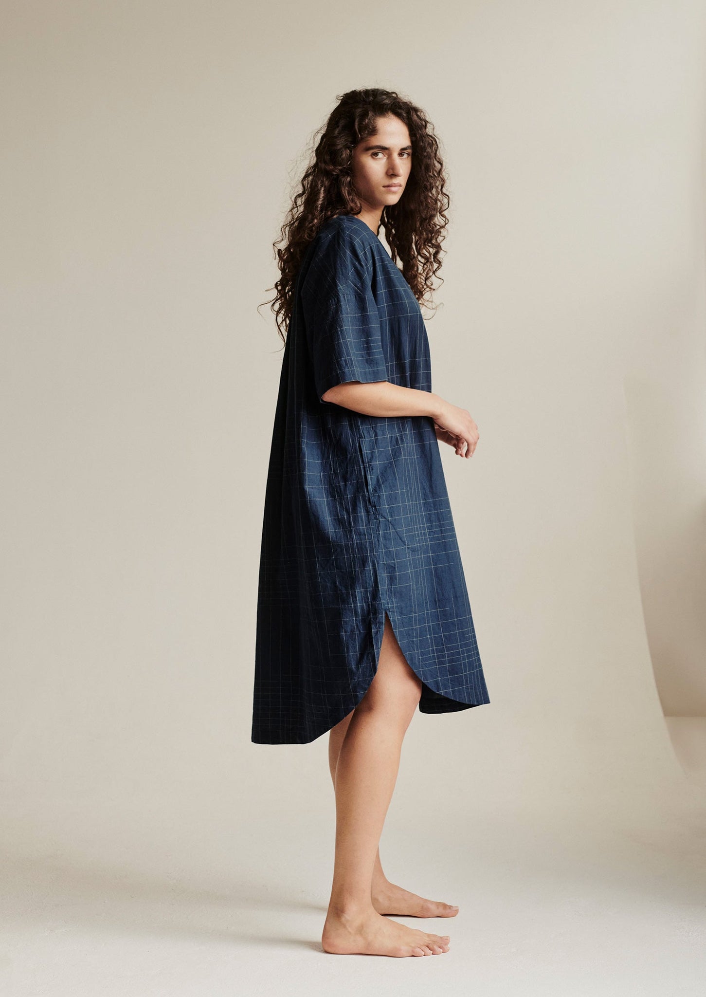 Hand Woven Sketched Check Nightdress | Twilight/Ecru