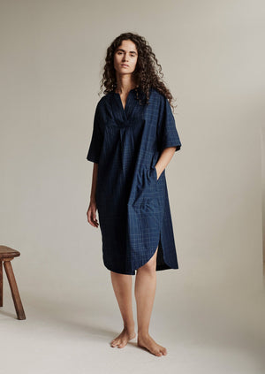 Hand Woven Sketched Check Nightdress | Twilight/Ecru