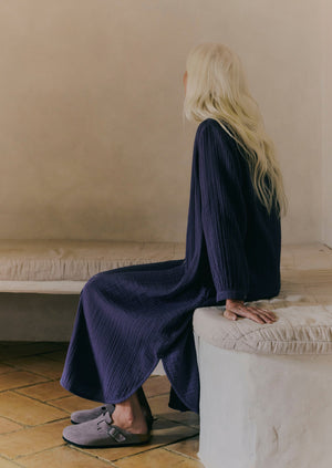 Crinkle Cotton Kaftan Nightdress | Shadow Blue