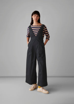 V-Neck Cotton Linen Twill Jumpsuit | Slate Navy