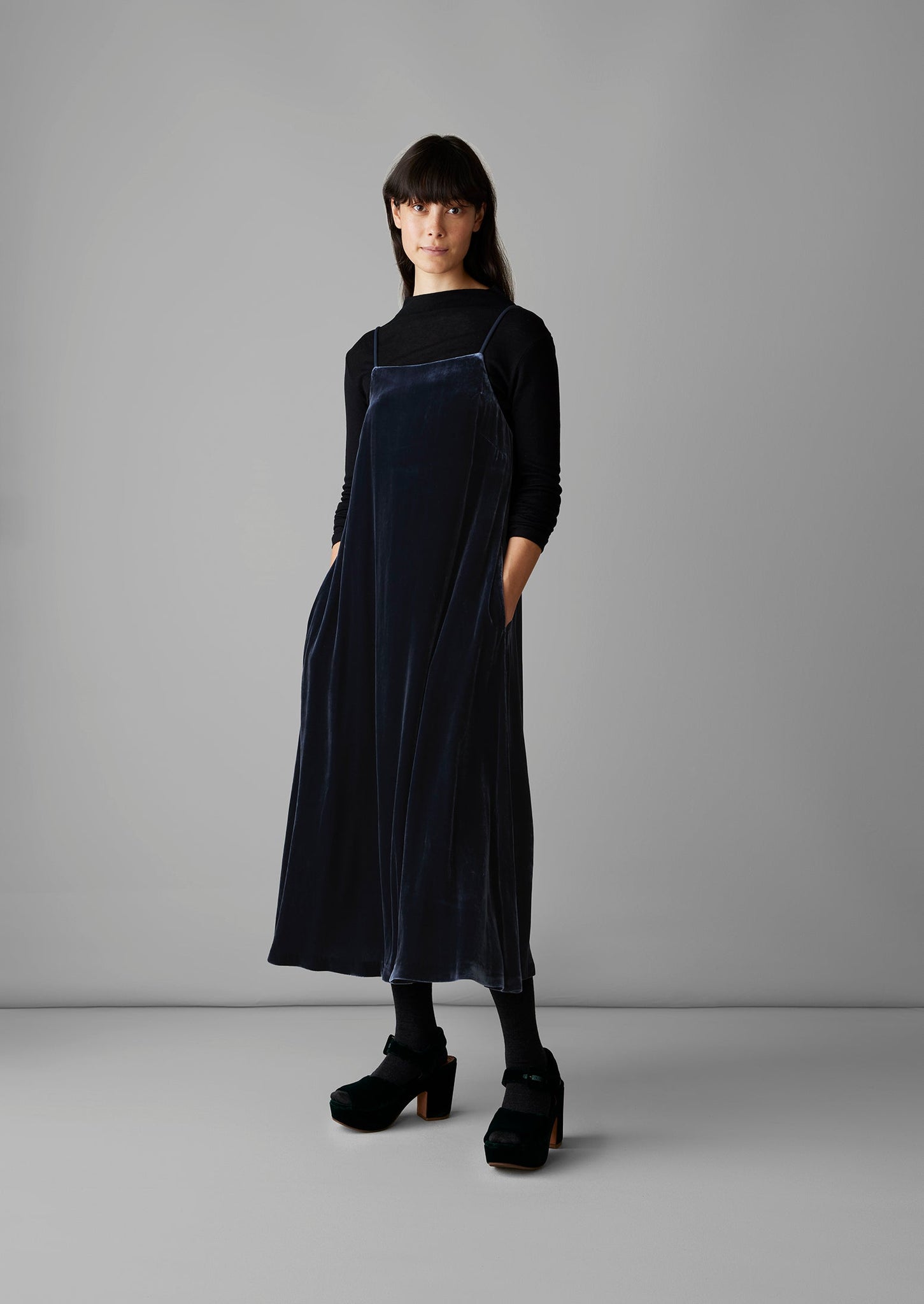 Square Neck Silk Velvet Dress | Obsidian