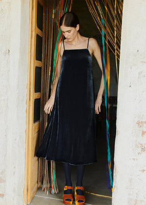 Square Neck Silk Velvet Dress | Obsidian