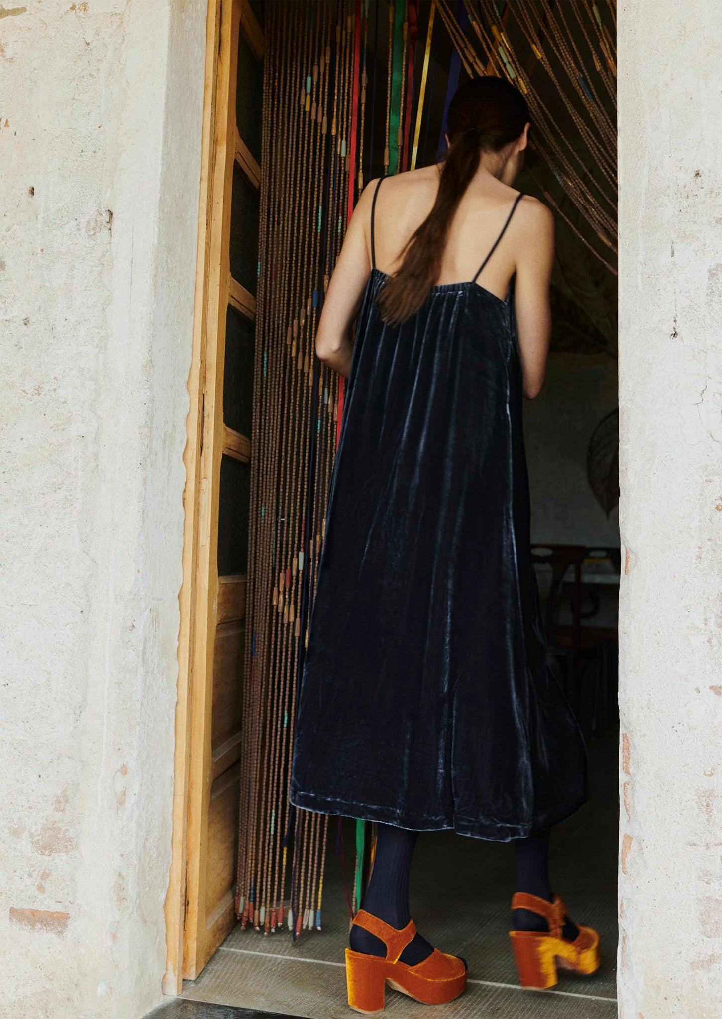 Square Neck Silk Velvet Dress | Obsidian