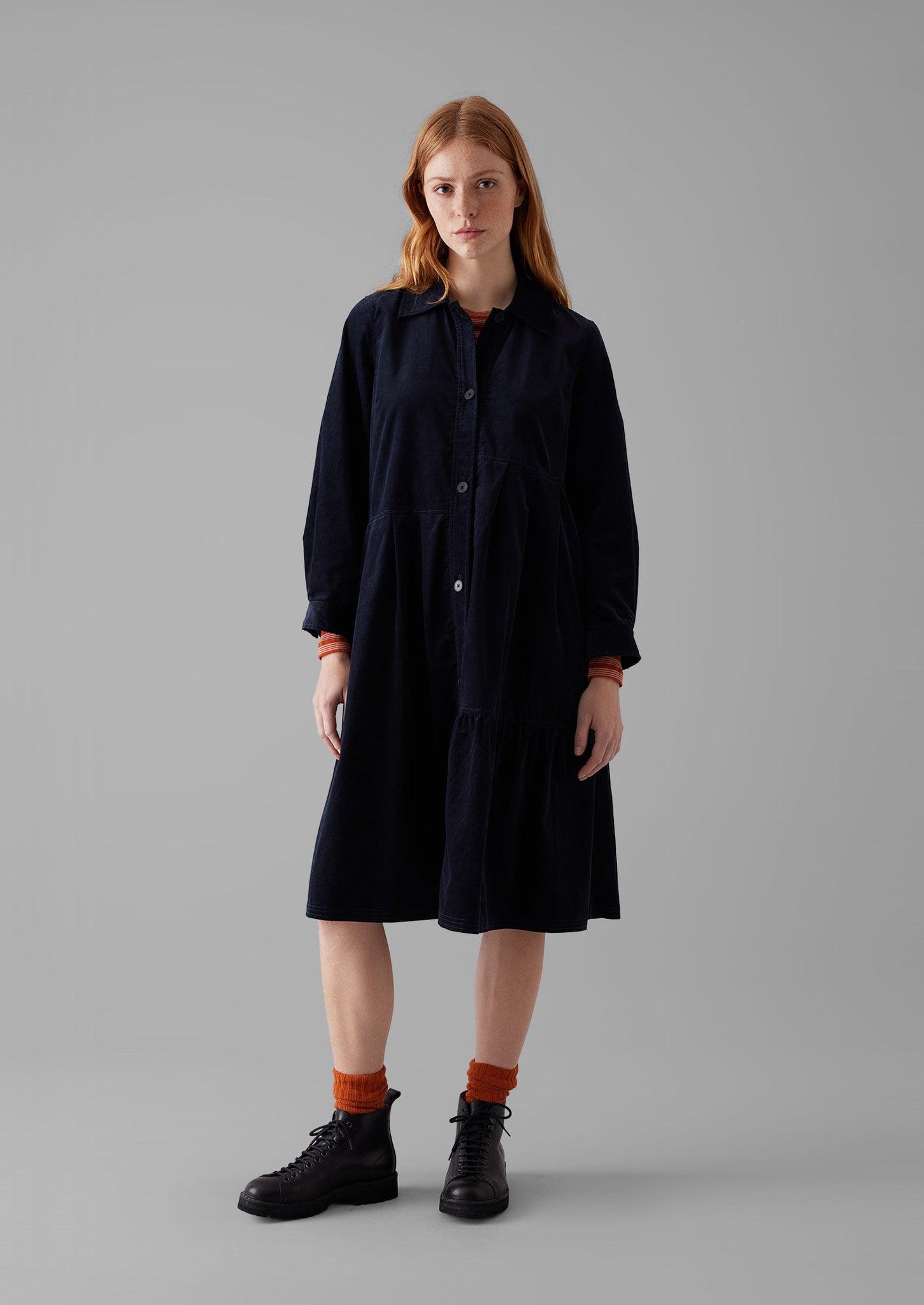 Panelled Organic Needlecord Dress | Navy