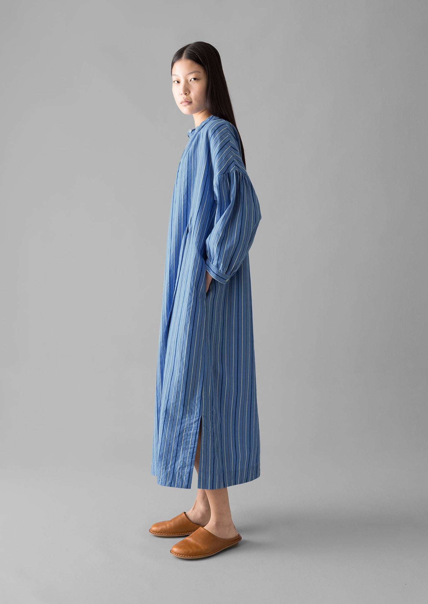 Stripe Poplin Gathered Dress | Sodalite Blue