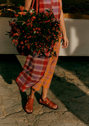 Tie Front Panelled Check Cotton Dress | Bright Red/Wisteria