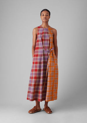 Tie Front Panelled Check Cotton Dress | Bright Red/Wisteria