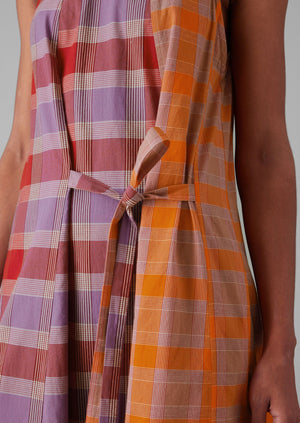 Tie Front Panelled Check Cotton Dress | Bright Red/Wisteria