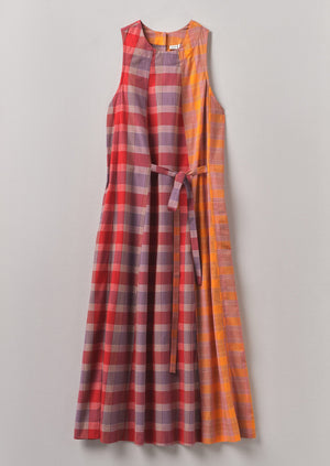 Tie Front Panelled Check Cotton Dress | Bright Red/Wisteria