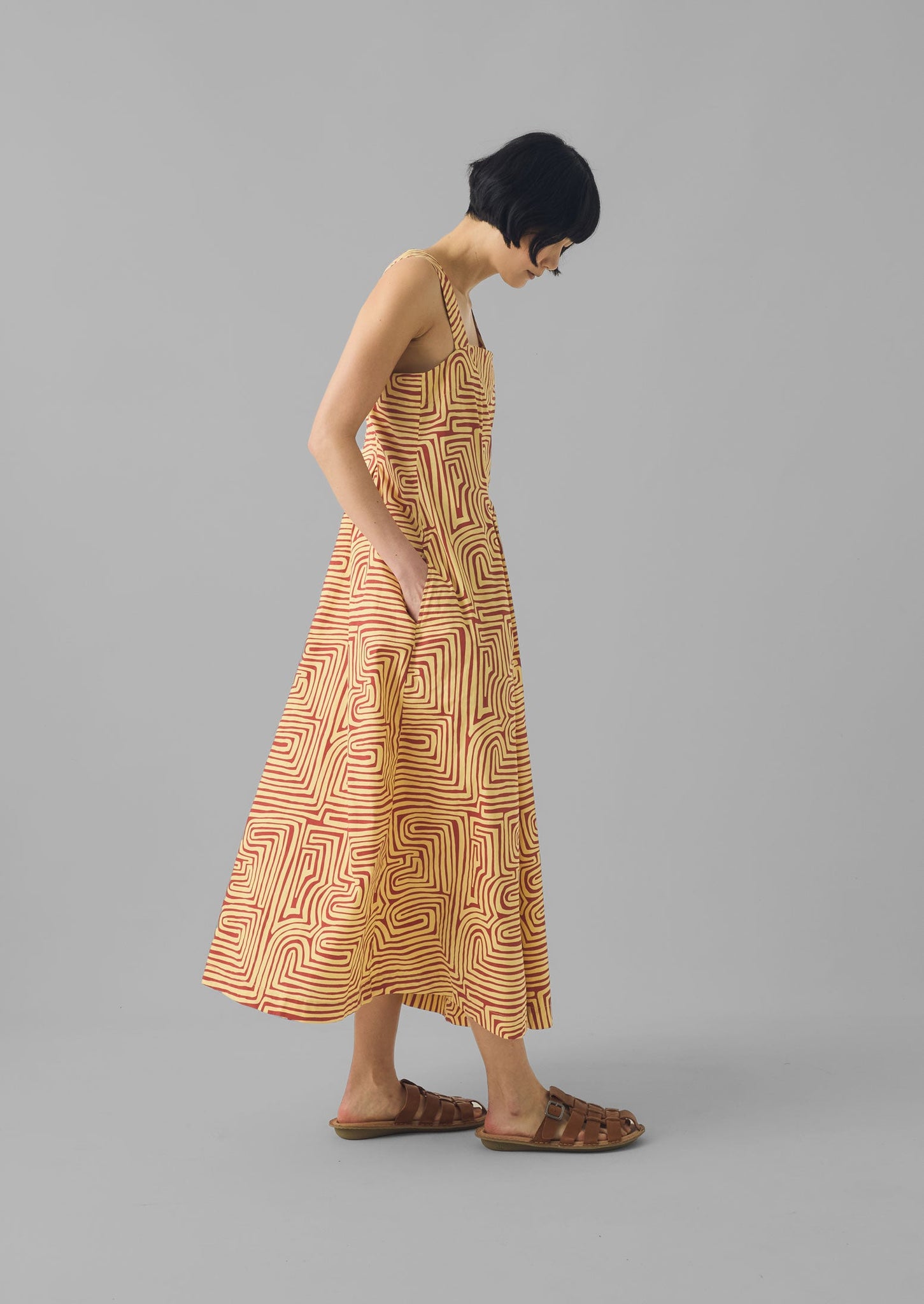 Maze Print Cotton Poplin Dress | Brick/Lemon Rind