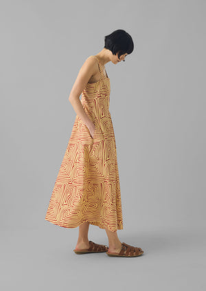 Maze Print Cotton Poplin Dress | Brick/Lemon Rind