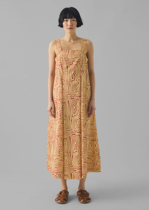 Maze Print Cotton Poplin Dress | Brick/Lemon Rind