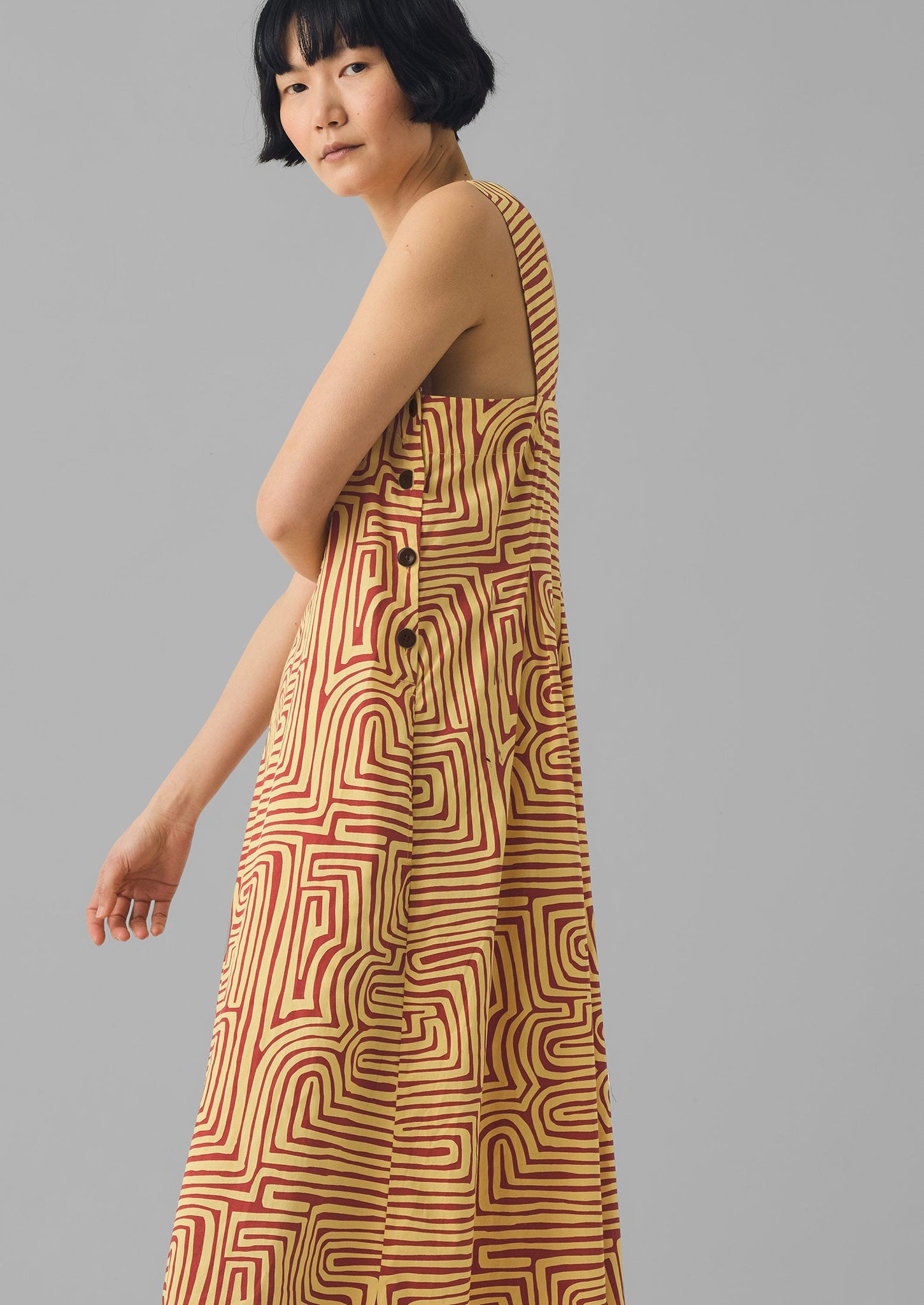 Maze Print Cotton Poplin Dress | Brick/Lemon Rind