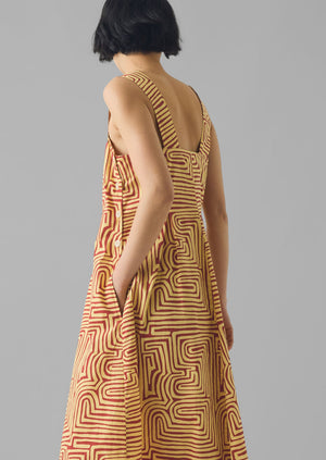 Maze Print Cotton Poplin Dress | Brick/Lemon Rind