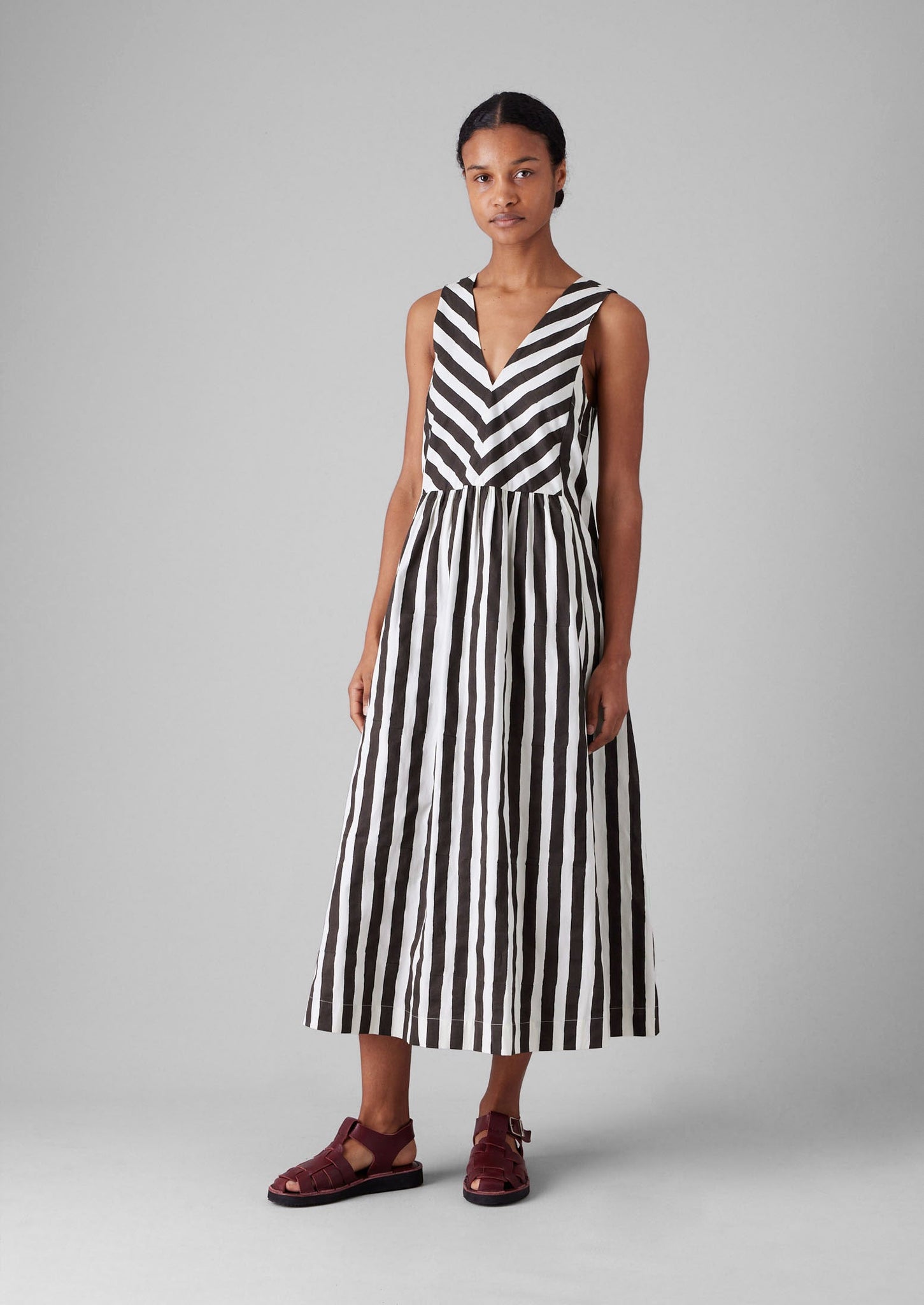 Wave Stripe Block Print Cotton Dress | Ecru/Chocolate