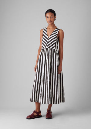 Wave Stripe Block Print Cotton Dress | Ecru/Chocolate