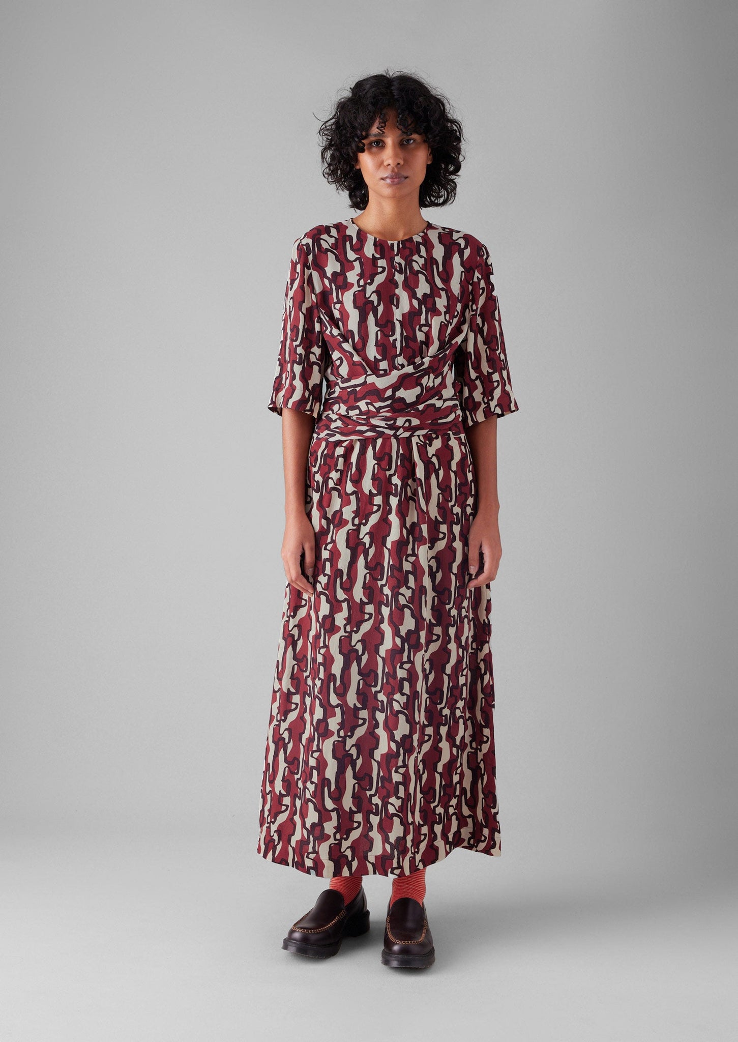 Ribbon Print Tie Dress | Ecru/Garnet