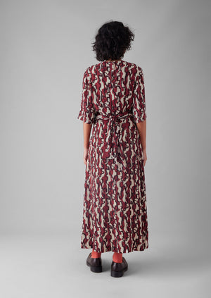 Ribbon Print Tie Dress | Ecru/Garnet