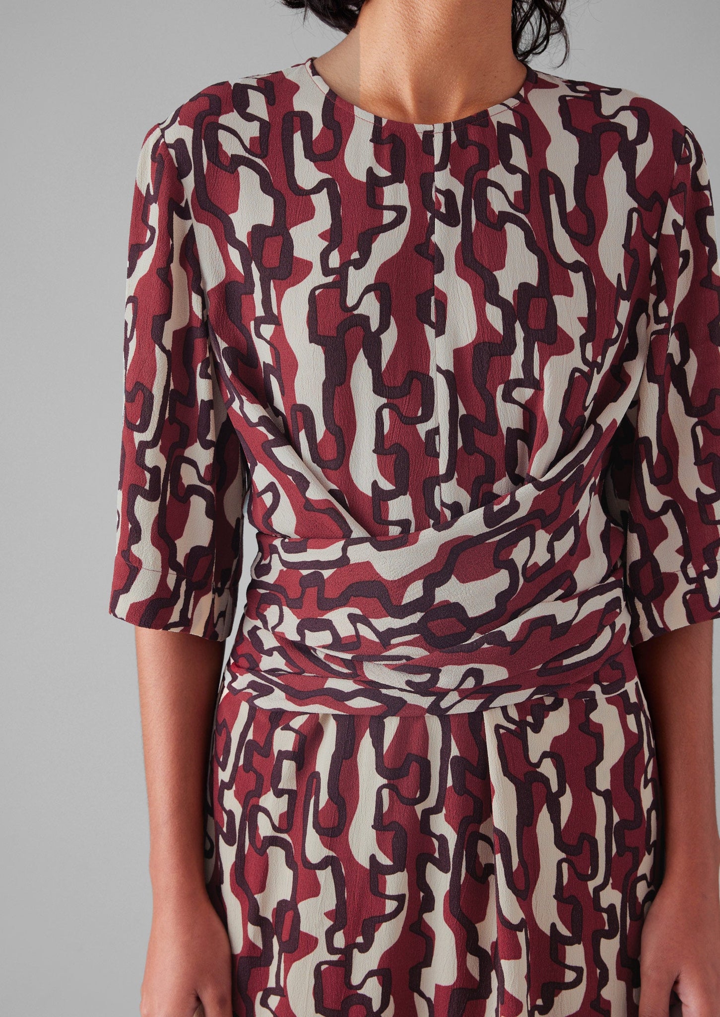 Ribbon Print Tie Dress | Ecru/Garnet