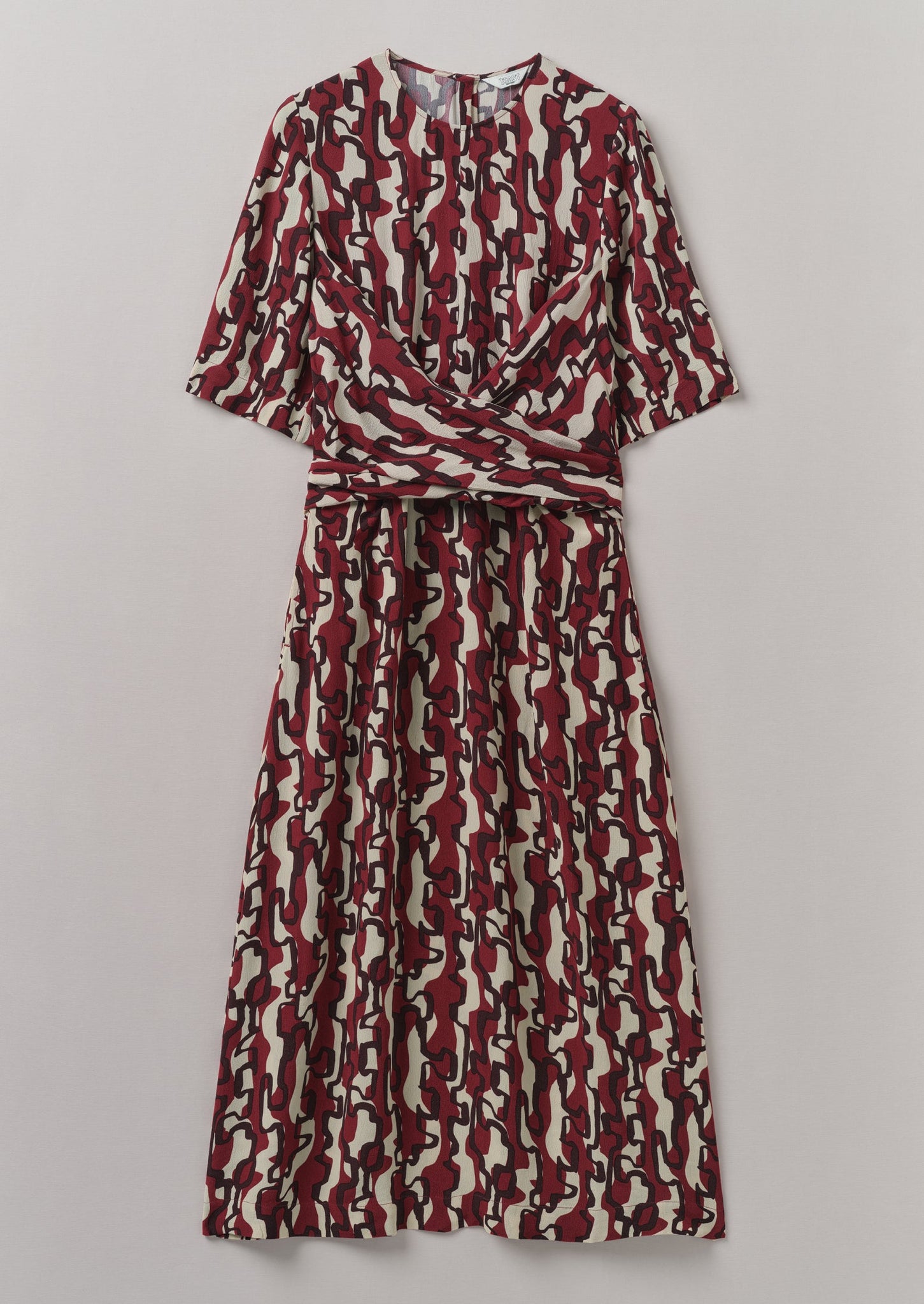 Ribbon Print Tie Dress | Ecru/Garnet