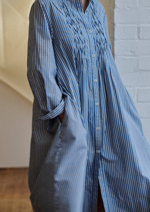 Dash Stripe Pintuck Cotton Dress | Chambray Blue