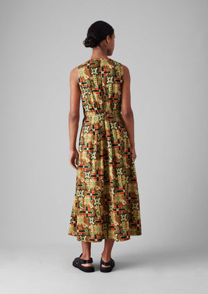 Folk Collage Print Cotton Poplin Dress | Multi
