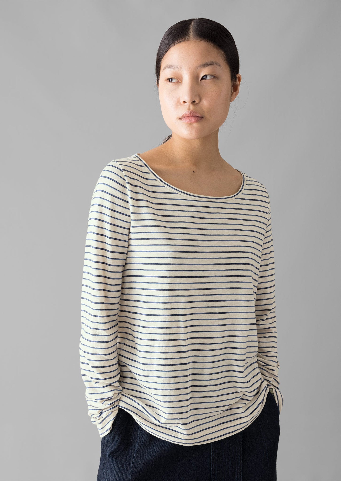 Stripe Cotton Open Neck Tee | Stone