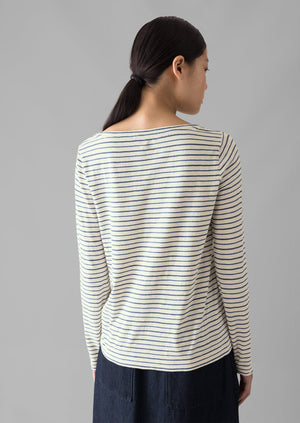 Stripe Cotton Open Neck Tee | Stone