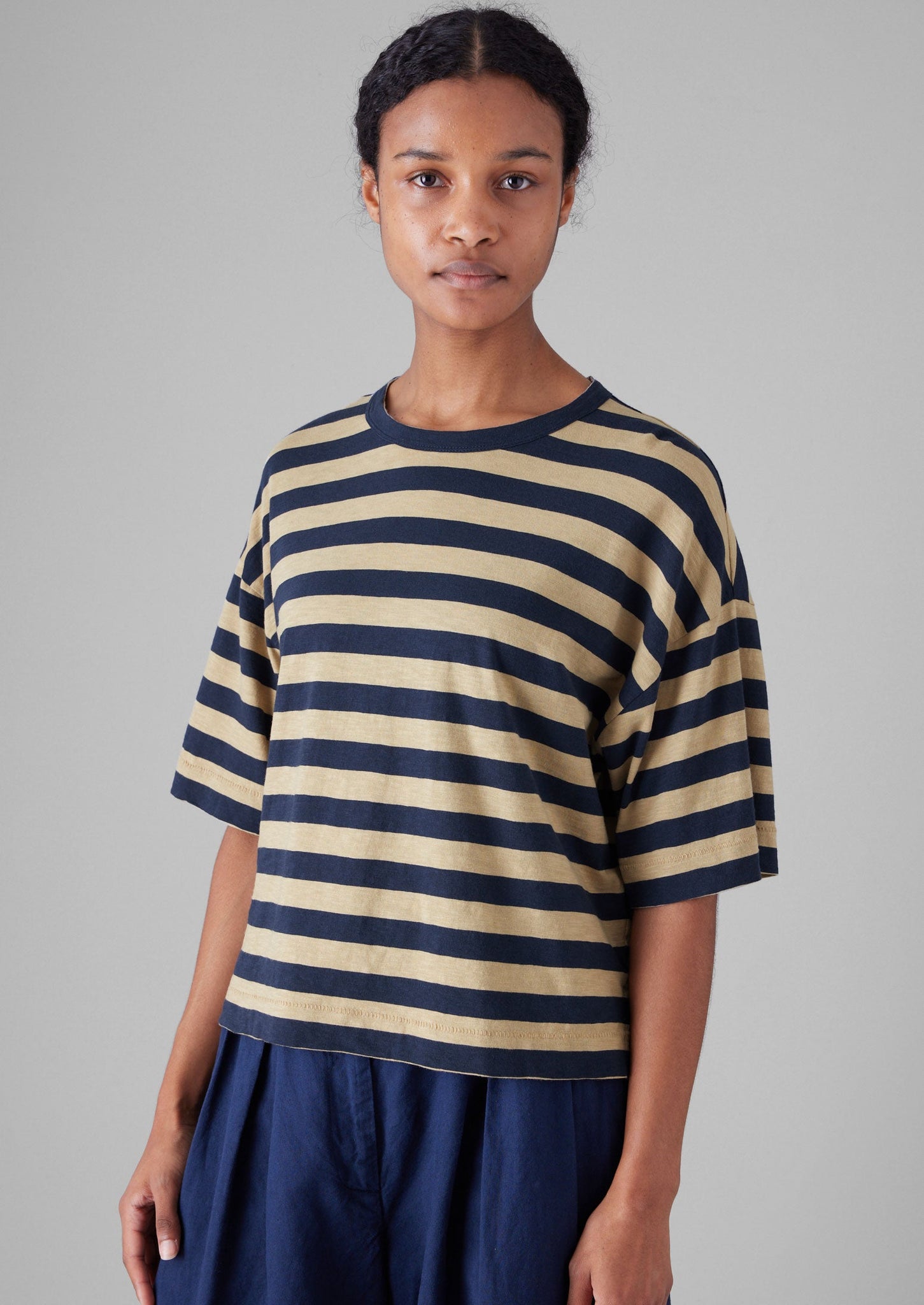Bold Stripe Cotton Boxy Tee | Blue/Sand