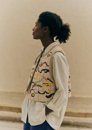 Abstract Hand Embroidered Gilet | Moonstone/Multi