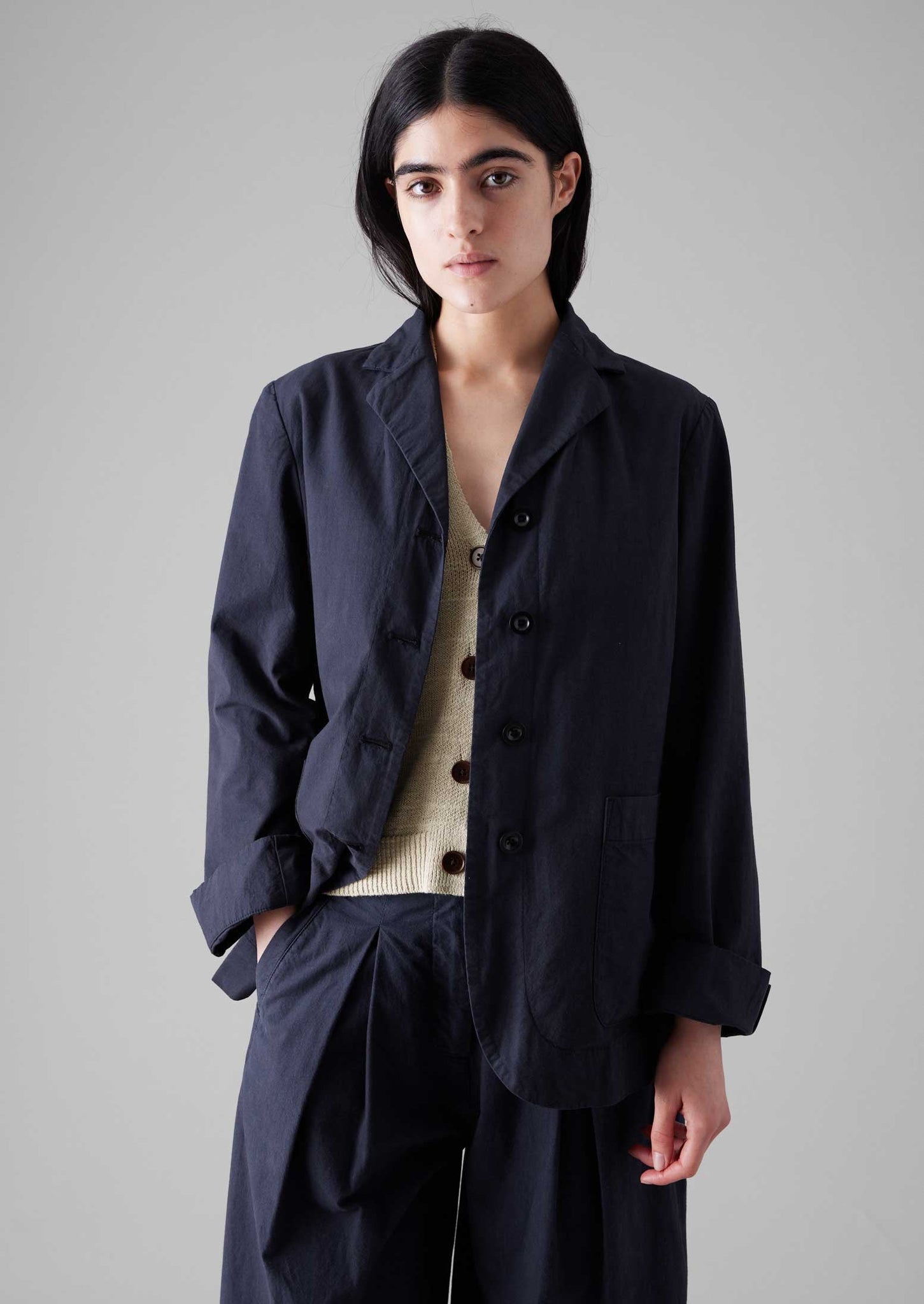 Tailored Cotton Linen Jacket | Raven Blue