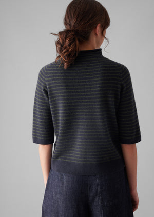 Stripe Wool Cashmere Half Sleeve Sweater | Dark Navy/Olive