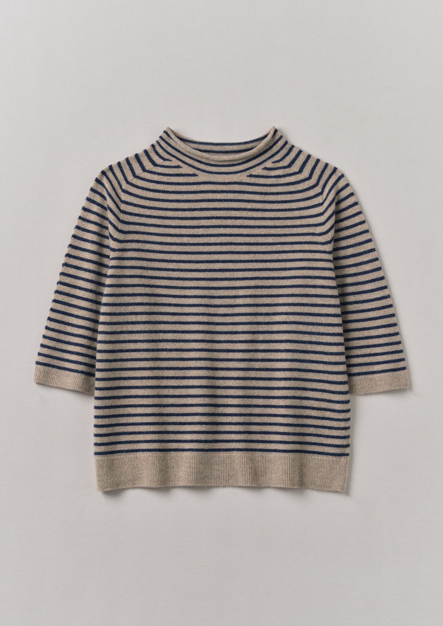 Stripe Wool Cashmere Half Sleeve Sweater | Biscuit/Anthracite