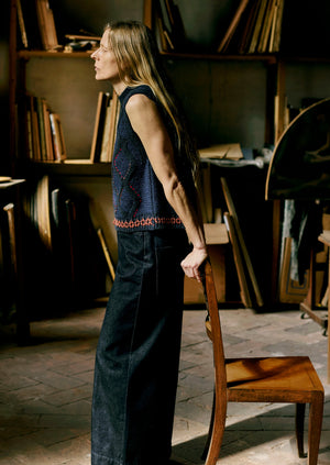 Hand Embellished Cable Tank | Blue Multi