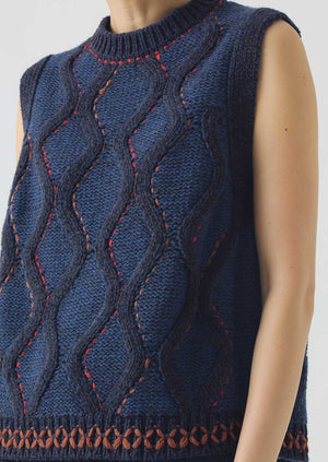 Hand Embellished Cable Tank | Blue Multi