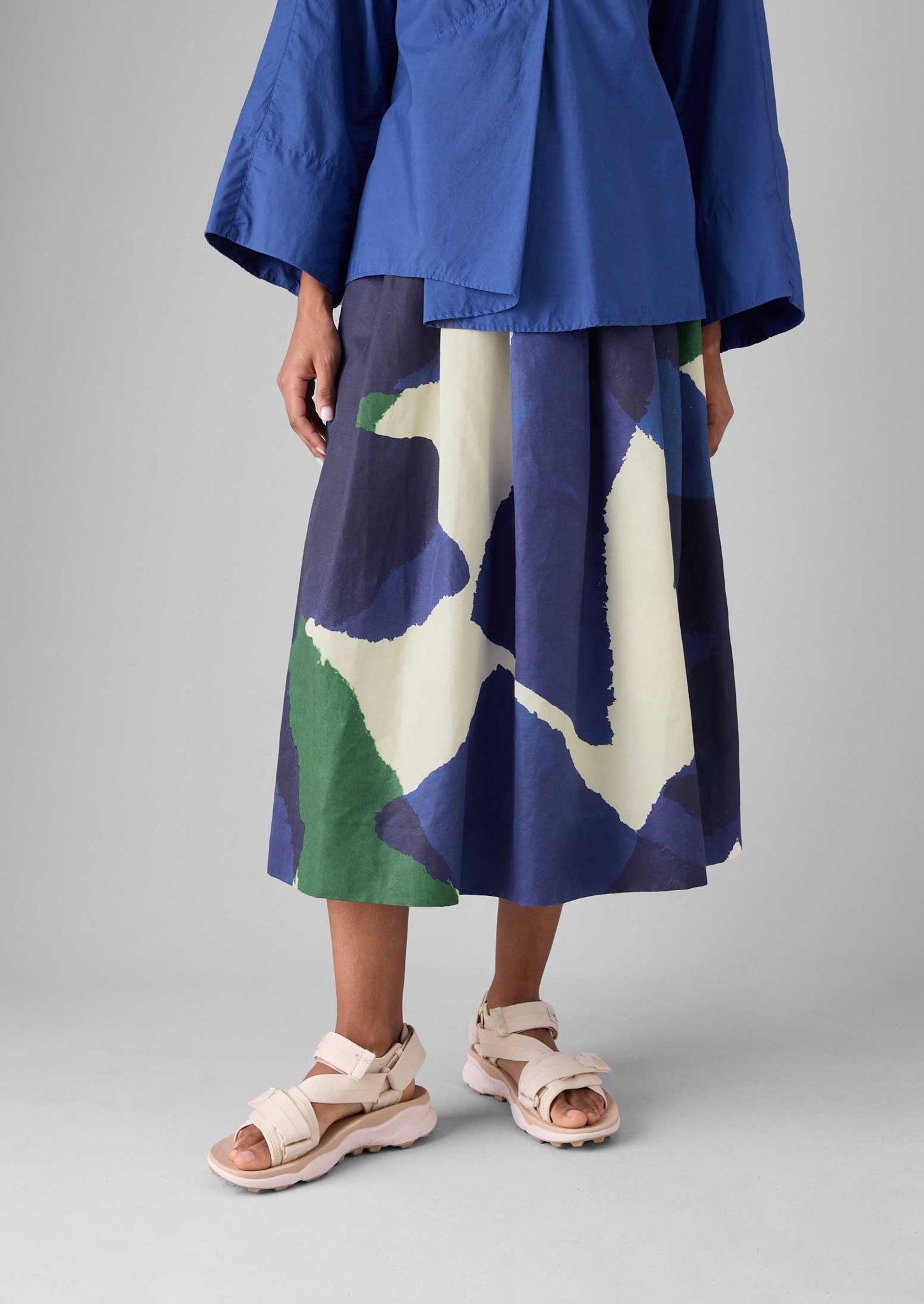 Washi Print Linen Cotton Skirt | Ecru/Blue/Green