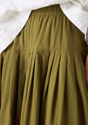 Pleated Raised Stripe Cotton Skirt | Warm Olive