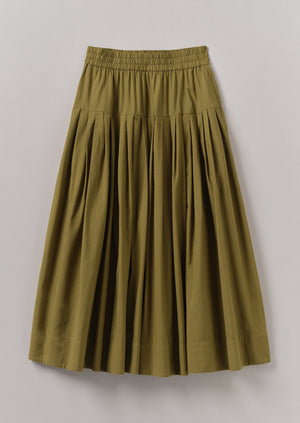 Pleated Raised Stripe Cotton Skirt | Warm Olive
