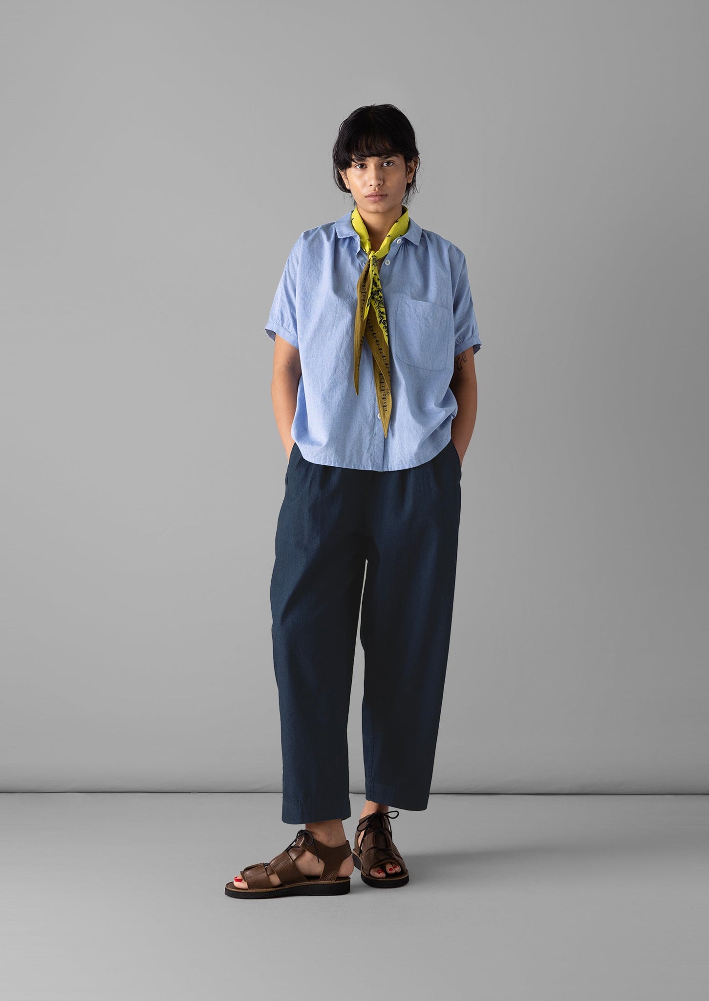 Indigo Cotton Twill Barrel Leg Trousers | Indigo