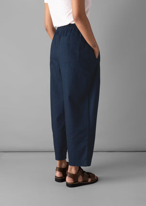 Indigo Cotton Twill Barrel Leg Trousers | Indigo