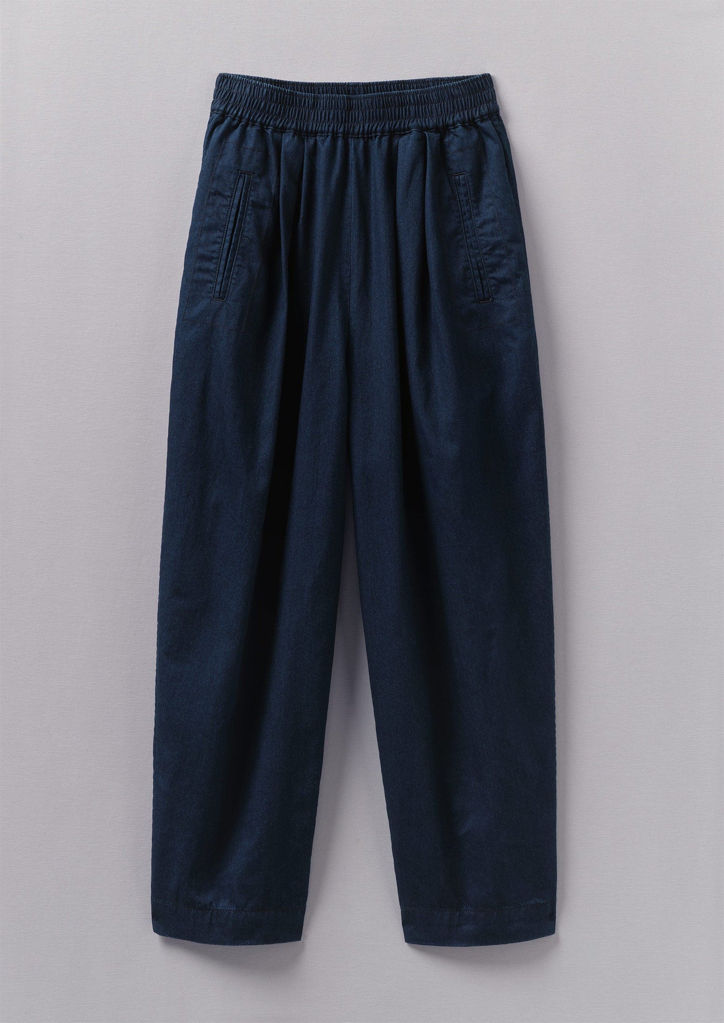 Indigo Cotton Twill Barrel Leg Trousers | Indigo