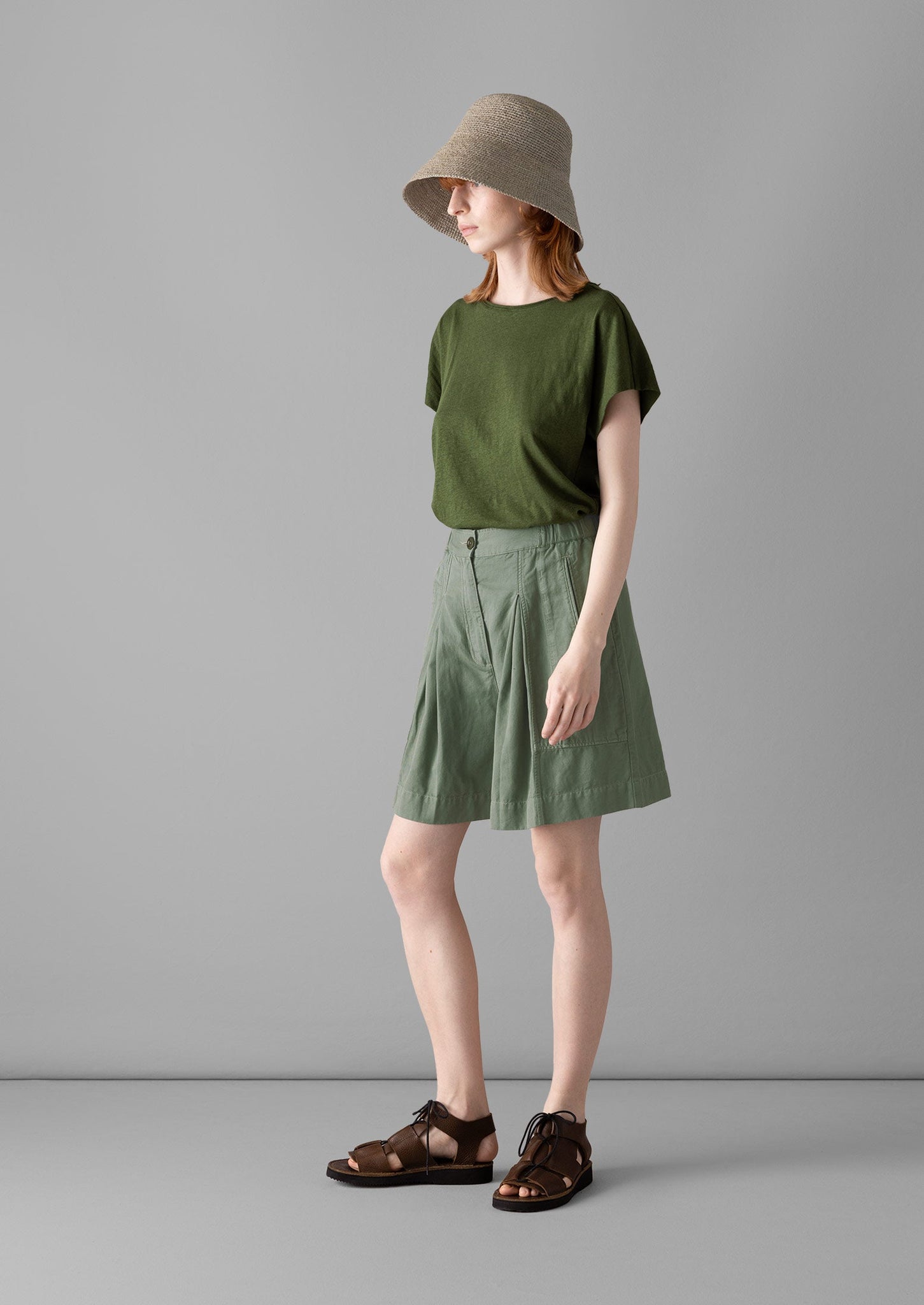 Pleated Cotton Linen Twill Shorts | Sage